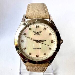 AVIATOR Diamond MOP Dial Quartz 34mm Steel Watch Original Buckle